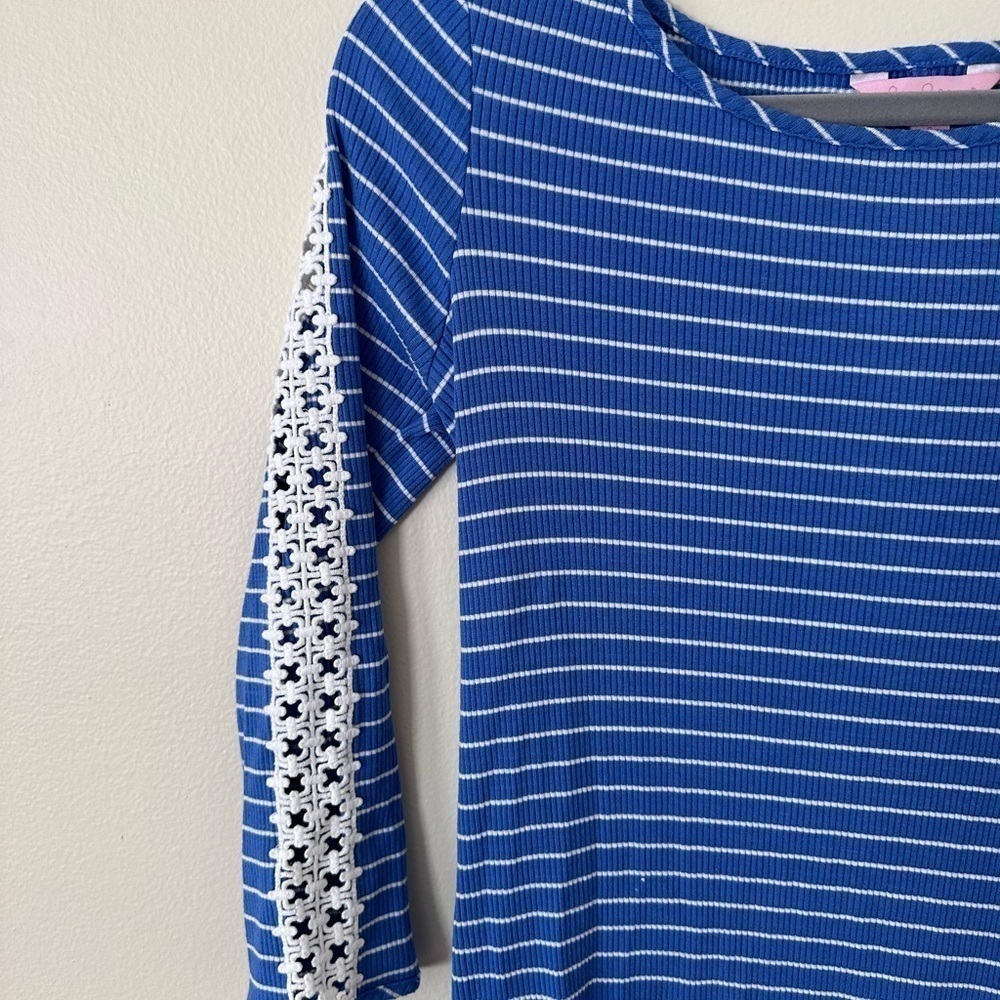 Lilly Pulitzer Small Dress Long Sleeve Blue and White Stripe White Eyelet Arm - Picture 2 of 4